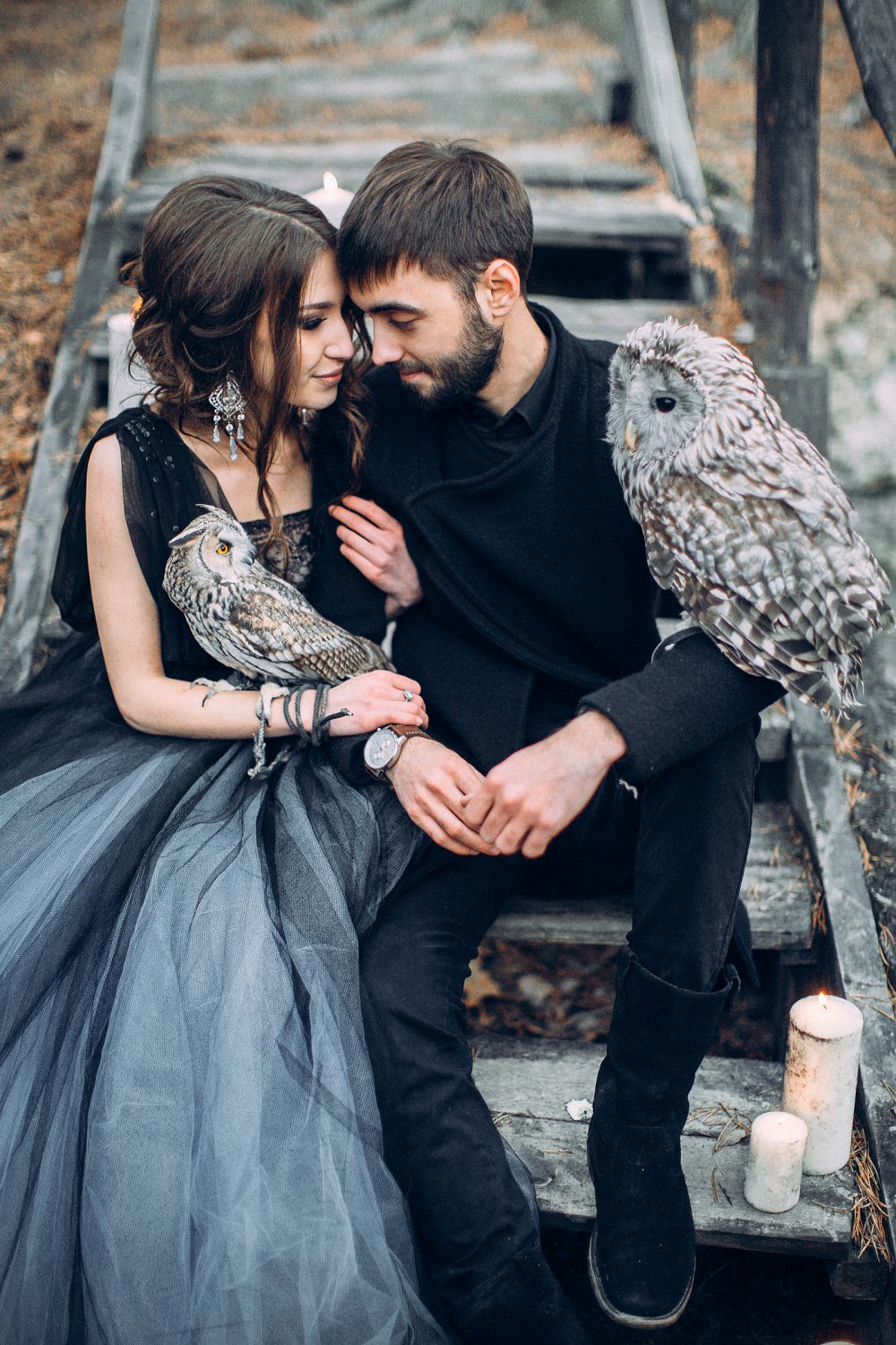 Зимняя свадебная фотосессия с совами.
